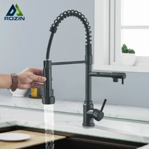 Black Kitchen Faucet With Pull Down Spring Sprayer Deck Mounted Hot and Cold Water Mixer Tap Dual Spout Nozzle Faucets Crane